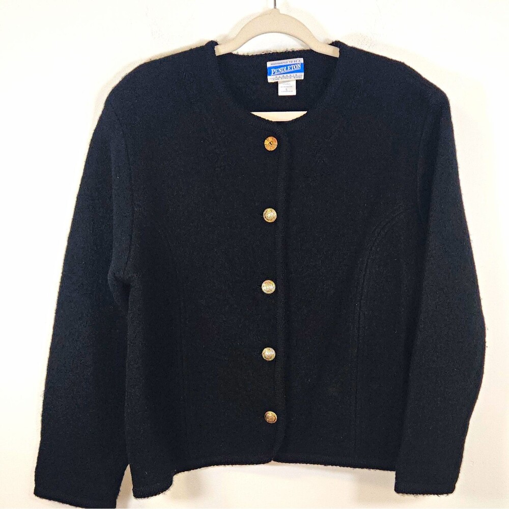 Vintage Pendleton Black Virgin Wool Button Front Cardigan Sweater/Jacket Large
